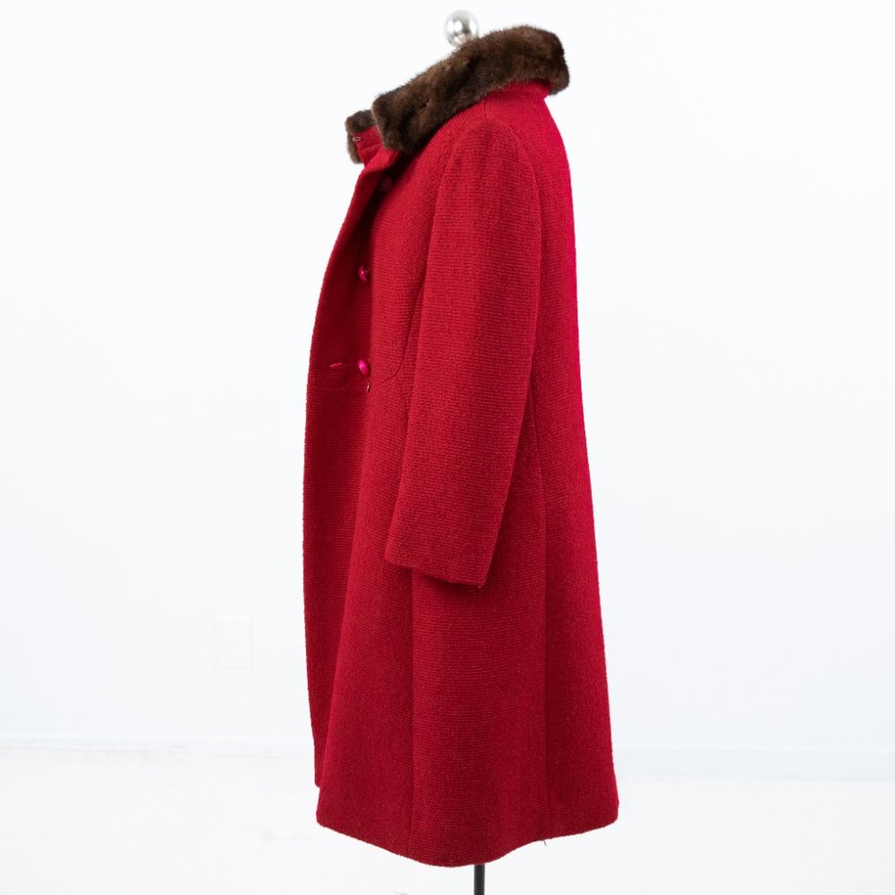 SOLD Vintage 50s M Mink Collar Princess Coat Midi Red - Picture 4 of 13